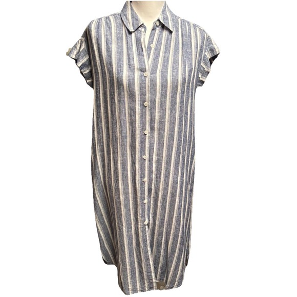 Lord & Tylor Linen/Viscose XS Striped Button Down Pocket Shirt Dress Blue White - Picture 1 of 9